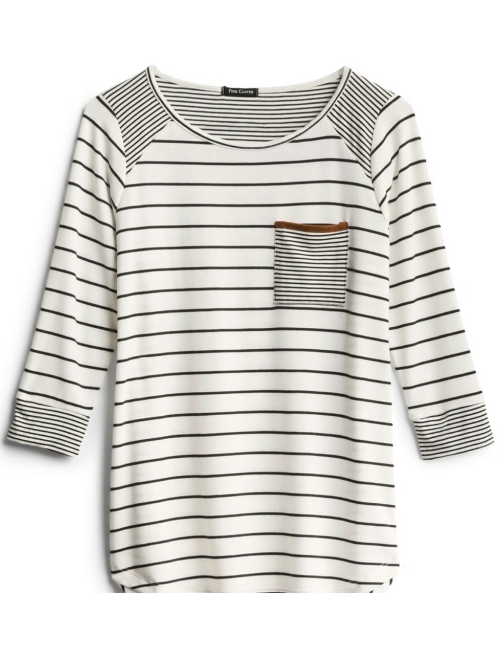 3/4 Length Sleeve Black and White Stripe Shirt with Brown Trim on Pocket